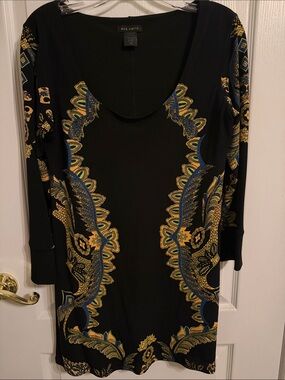 eva varro Black Long-Sleeve Tunic with Gold and Blue Paisley Motif
